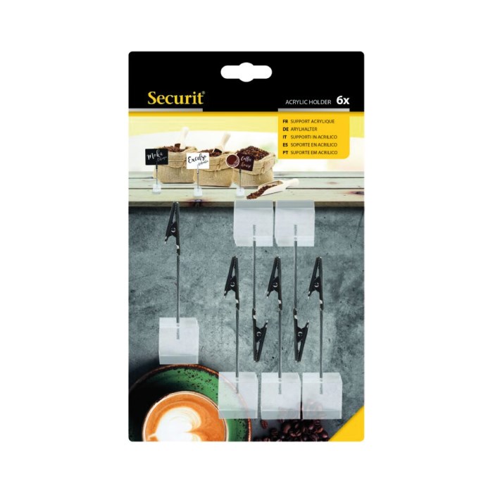 Stojánek akryl. se svěrkou na drátu 7,5 cm pro upevnění tabulek, 6ks
