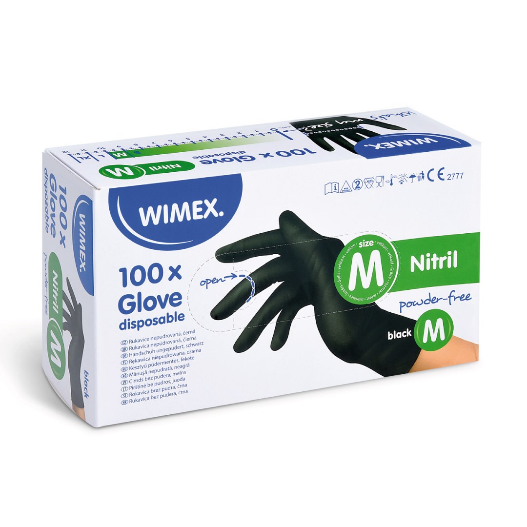 Nitrilové rukavice velikost M, 100 ks černé, nepudrované.