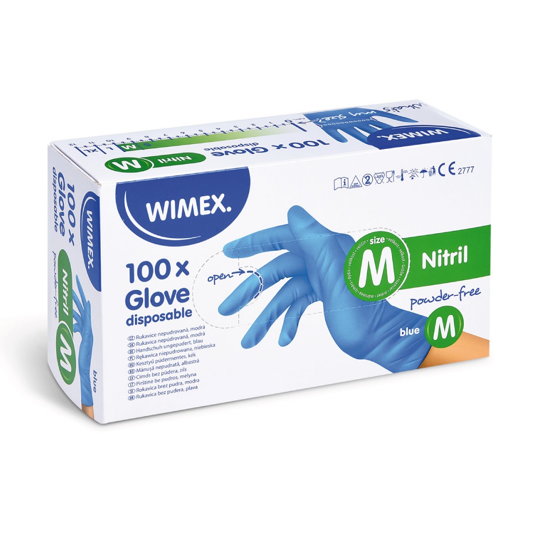 Nitrilové rukavice velikost M, 100 ks modré, nepudrované.