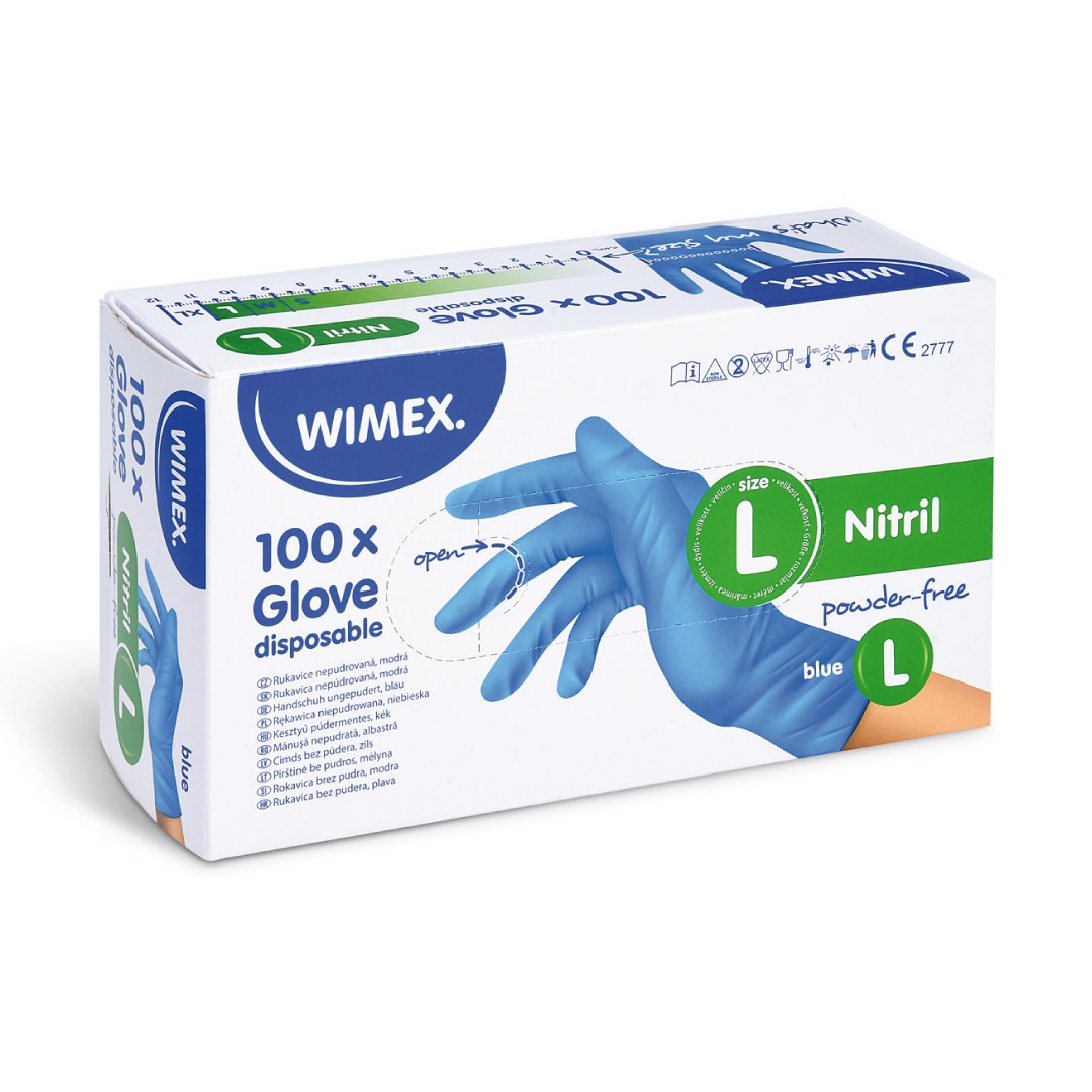 Nitrilové rukavice velikost L, 100 ks, modré, nepudrované.