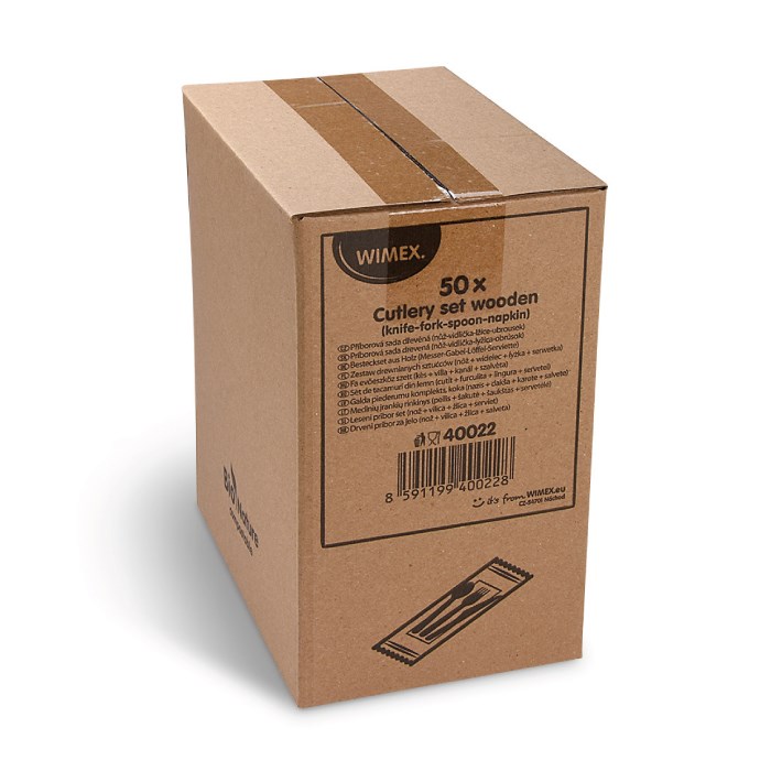 sada dřevěných příborů (nůž,vidlička,lžíce,ubrousek), 50ks