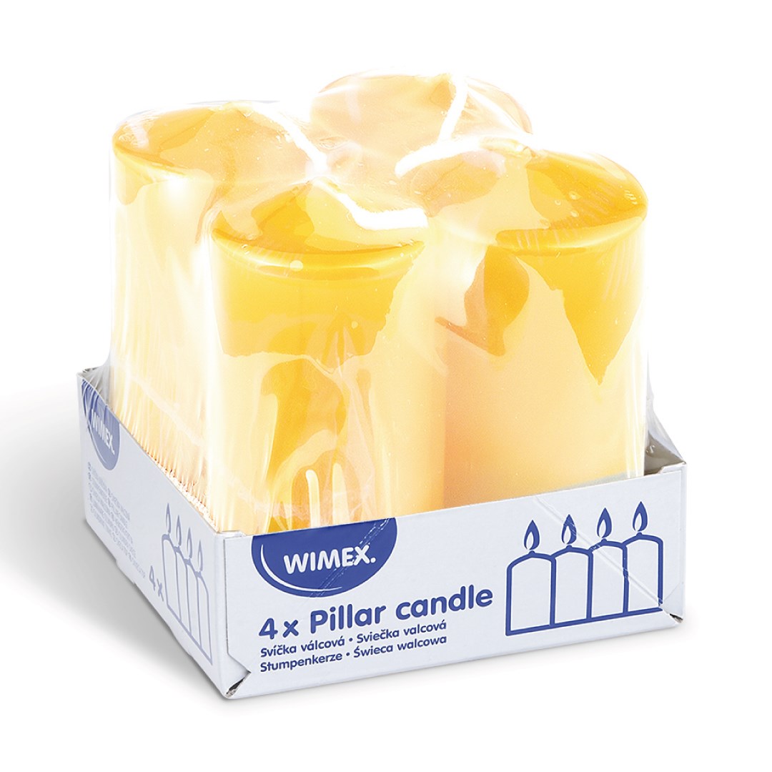 Svíčky 4x8 cm / 4 ks, žluté, válcové